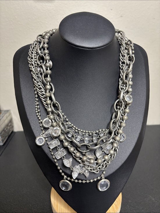 Source Unknown Jewelry - Statement Silver-Tone Layered Multi-Chain Necklace Clear Crystal Acrylic Charms